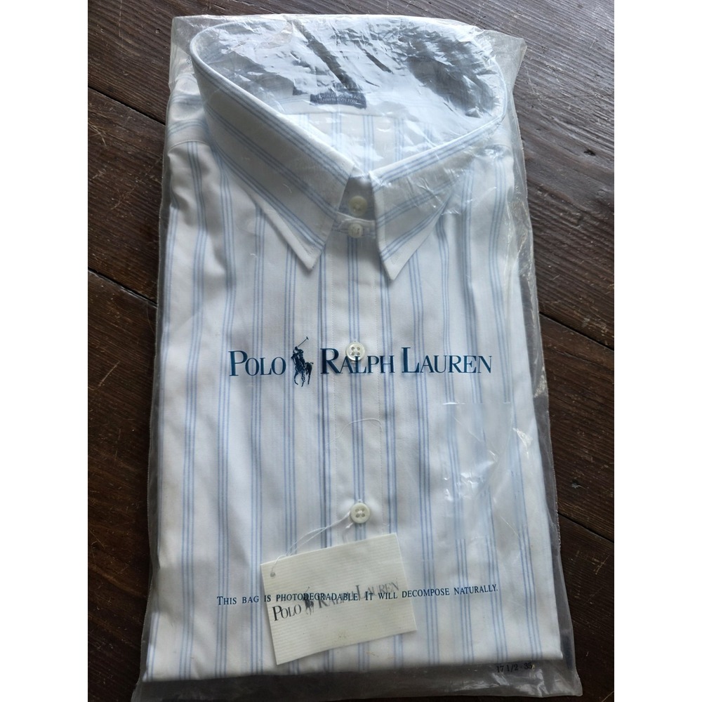VINTAGE Polo Ralph Lauren Douglas Tab Dress Shirt Blue Stripe 17.5 35 XL NOS New